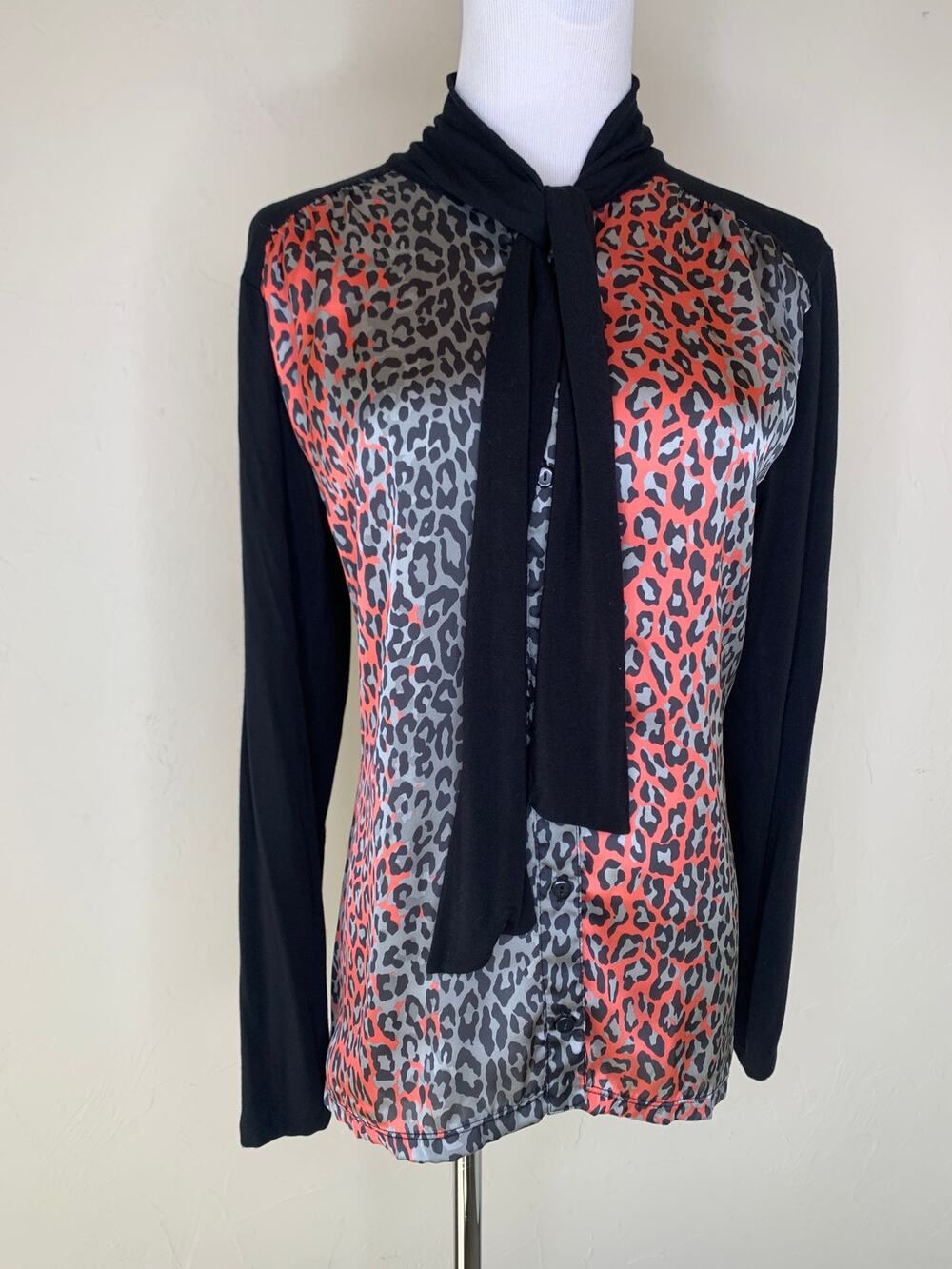 Alex Marie Black Coral Leopard Print Top Tie Neck Sz Small